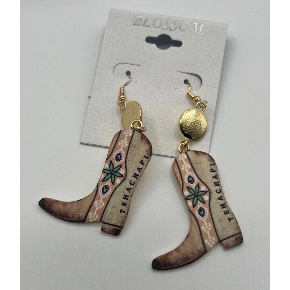 Blossom Tehachapi Cowboy Boot Drop Earrings Gold Tone Western Floral Country NEW